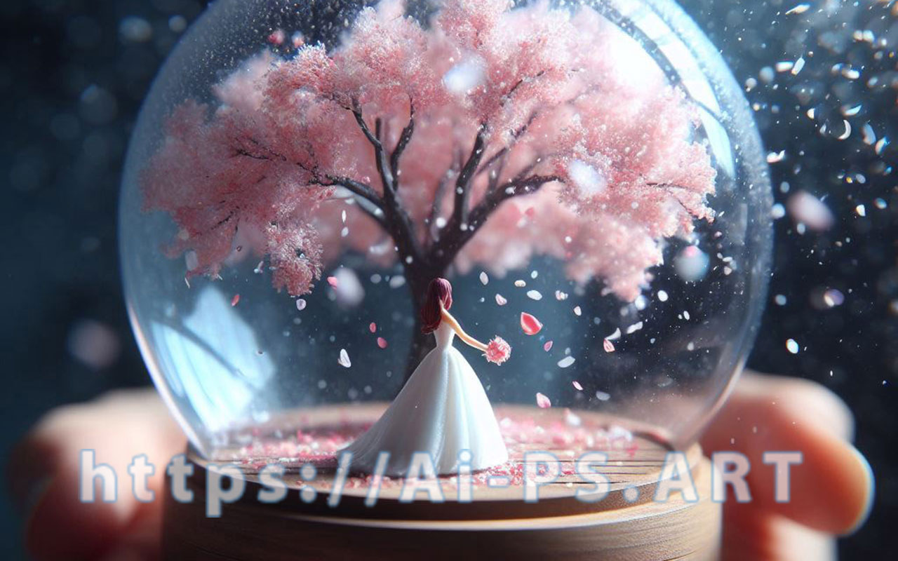 玻璃穹頂、微型場景、白色婚紗、女性、粉紅樹篷、隧道效果、花瓣飄落、木製底座、溫柔手勢、雪球、魔法迷幻、珍貴記憶